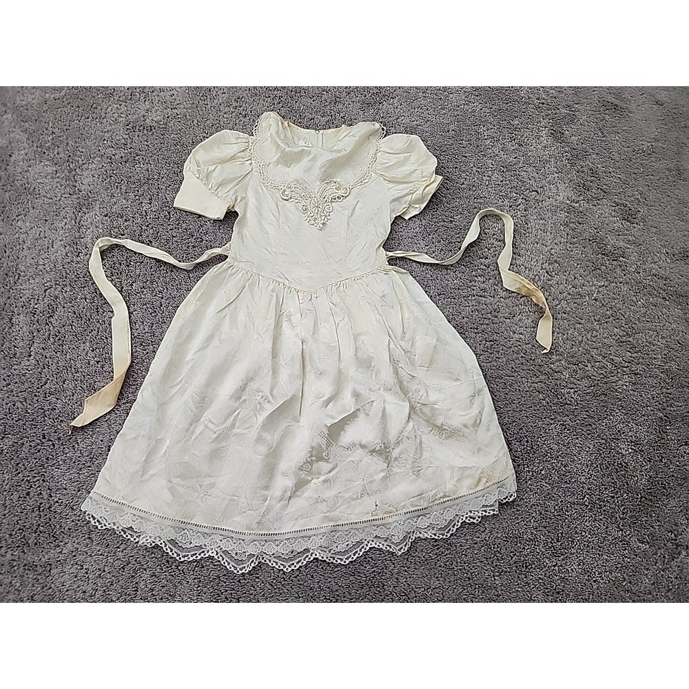 Gunne Sax Dress Girls 12 Cream Good Floral Damask Lace Tiered Midi USA Made